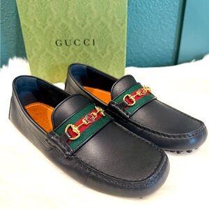 NEW GUCCI Soft Clove Calfskin Web Horsebit Loafers Women sz 7.5/Men sz 5.5